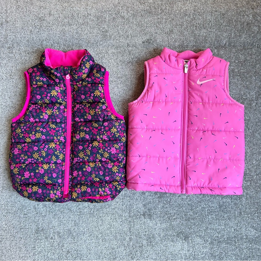 Bundle Of 2 Nike And Gap Toddler Girl Pink Puffer Vests, Size 3.